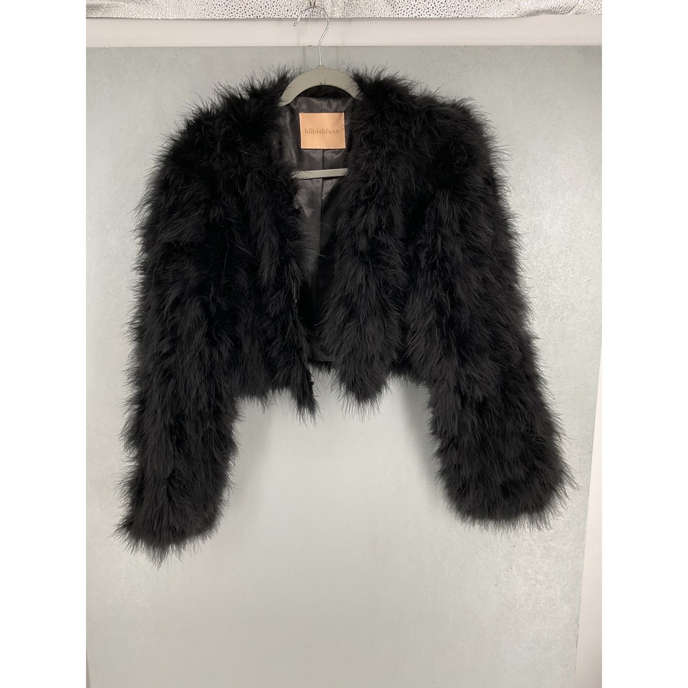 Bubish Luxe Womens Feather Jacket Black Marabou Bolero Shrug M/L - Picture 2 of 7